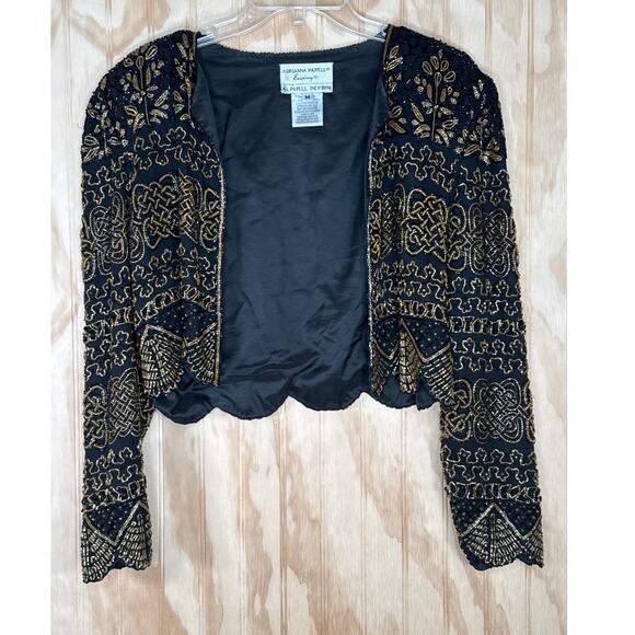 Adrianna Papell Evening Jacket Black Gold Sequin Beaded Silk Size M Vintage Glam - Picture 3 of 6